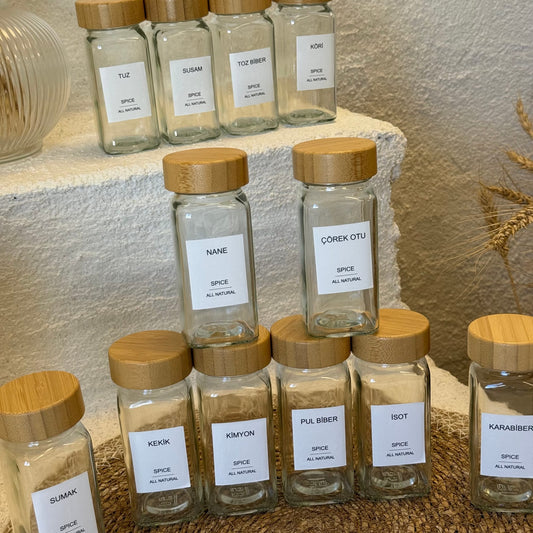 Mien 12 Adet Kare Bambu Kapaklı Cam Baharatlık Seti 120 ml (KOD-008)
