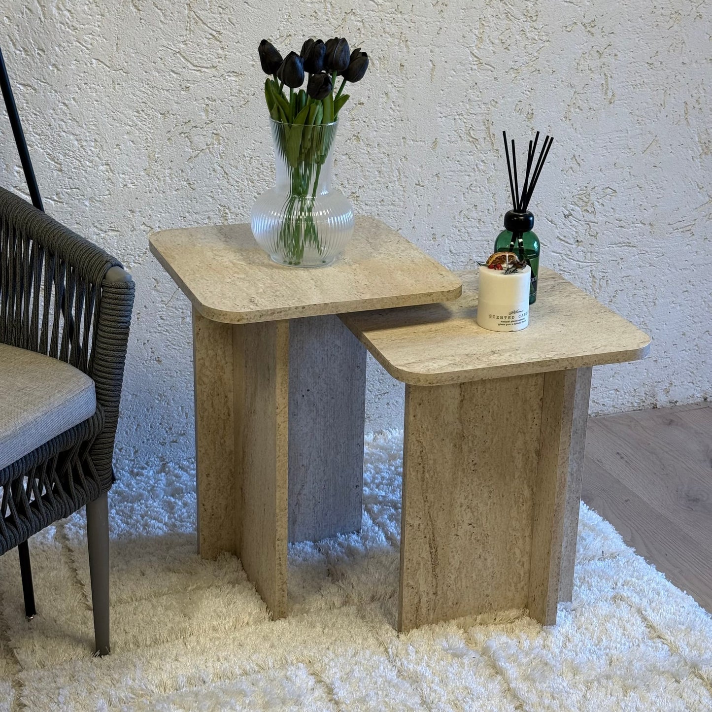 Lary Pinterest Model, Traverten Desen, İki Boy Kare Sehpa (Süper Fiyat)