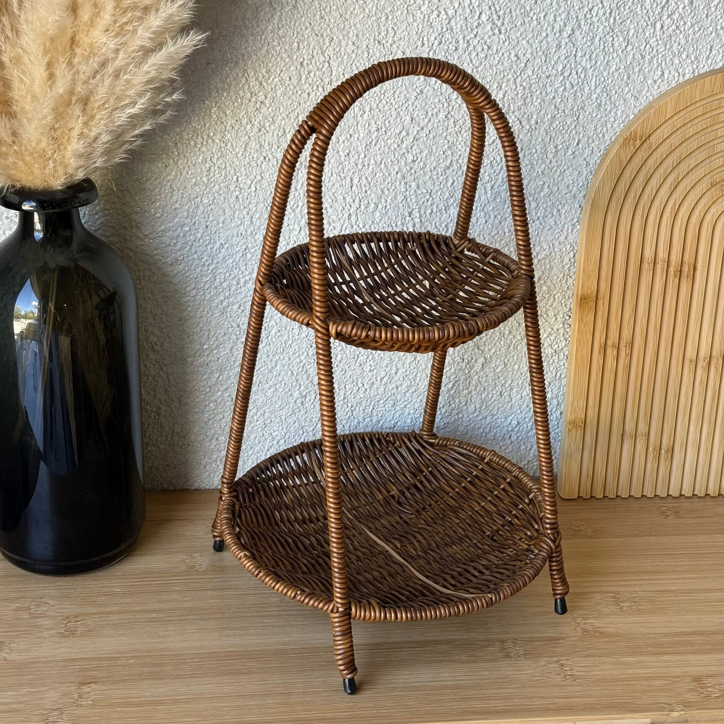 Deo Rattan İki Katlı Sunumluk Meyvelik 37 CM Kahve Rengi
