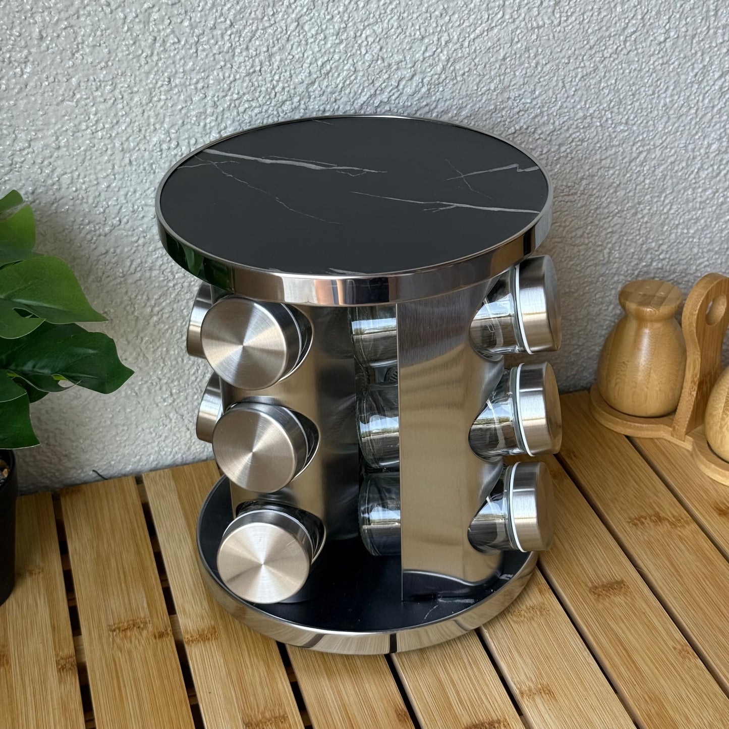 Mermer Desenli Dönen Standlı 12 li Cam Baharatlık Seti Siyah