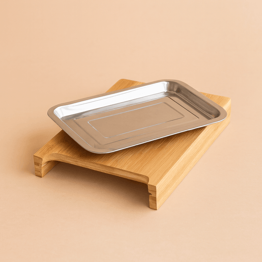 Bambu Kesim Tahtası Çelik Tepsi Hazneli 33x21 cm Premium Ürün