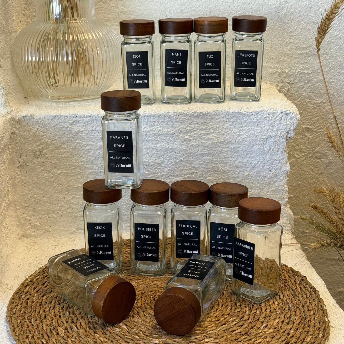 Barotti 12 Adet Akasya Kapaklı Kare Baharatlık Seti Siyah (Süper FİYAT)