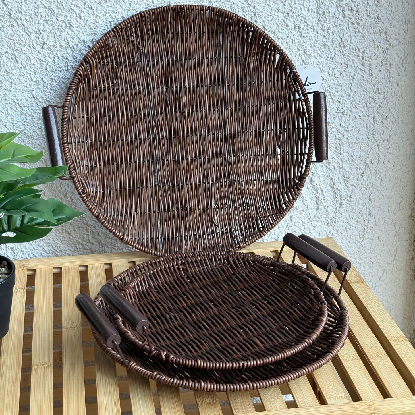 Rios Rattan Kulplu 3 Boy Yuvarlak Tepsi Seti Kahve Rengi