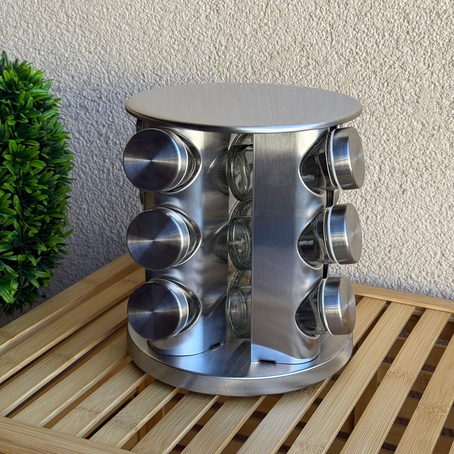 Metal Dönen Standlı Cam Baharatlık Seti Gümüş (KOD:4730)