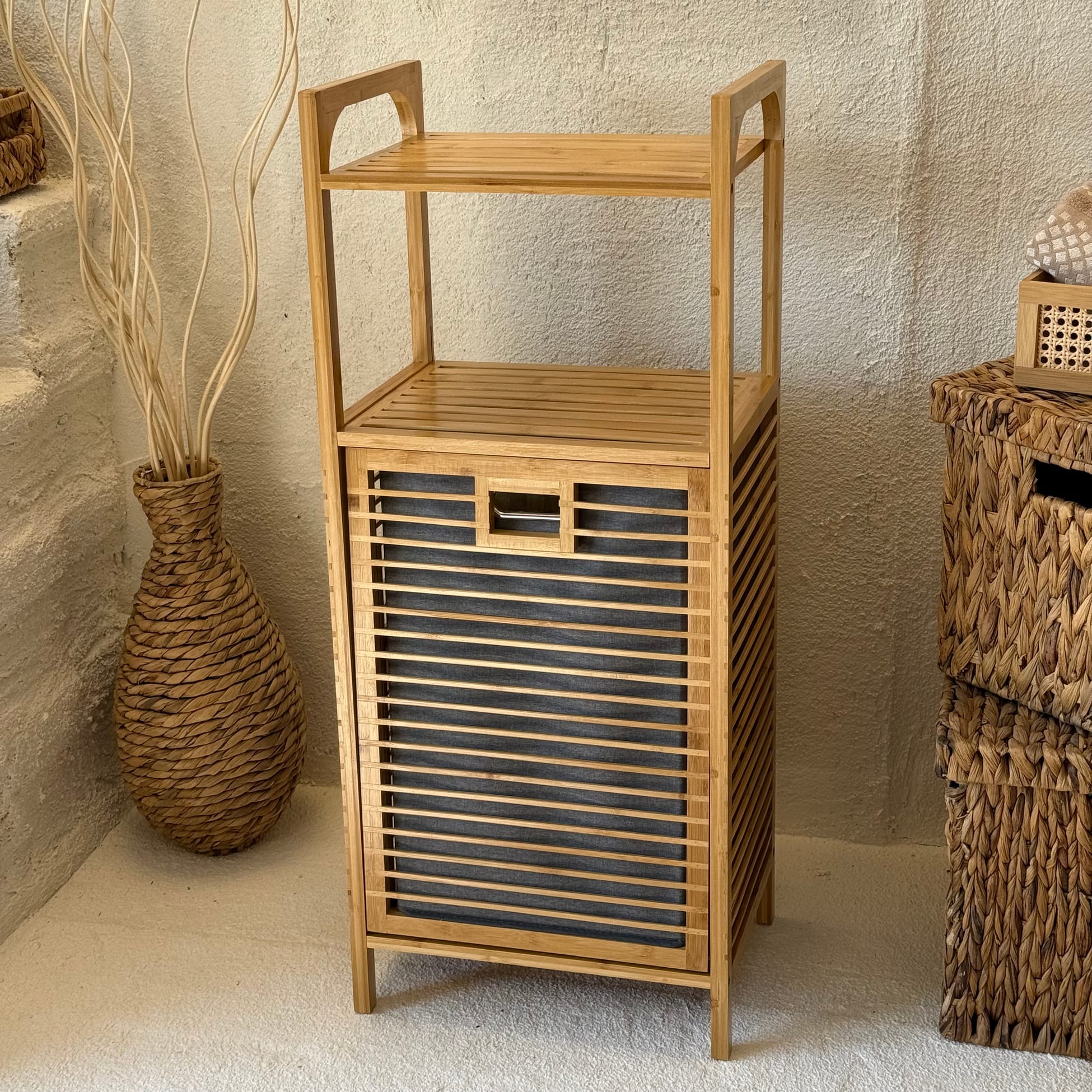 2 Adet Eva  Medusa Bambu Kirli Çamaşır Sepeti 2 Katlı Raf Banyo Dolabı 95x40x30 cm
