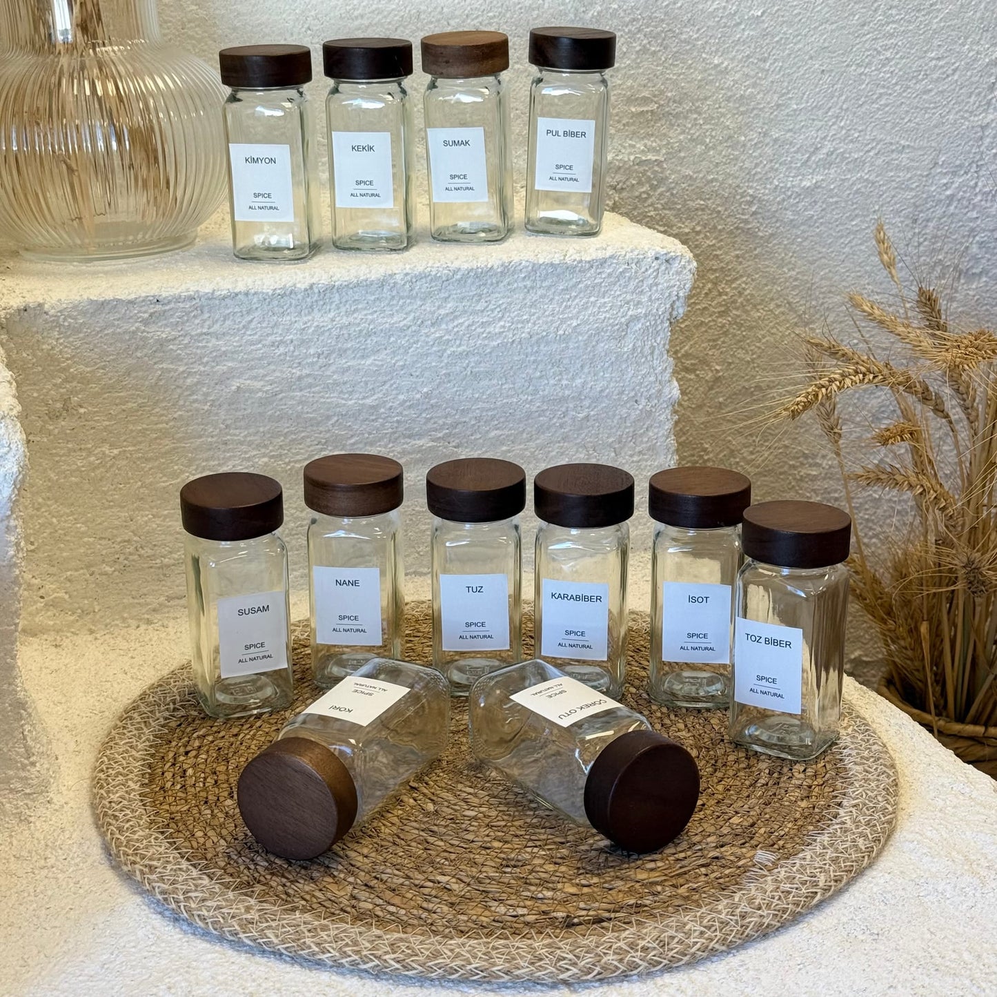 Mien 12 Adet Kare Akasya Ağacı Kapaklı Cam Baharatlık Seti 120 ml (KOD-009)