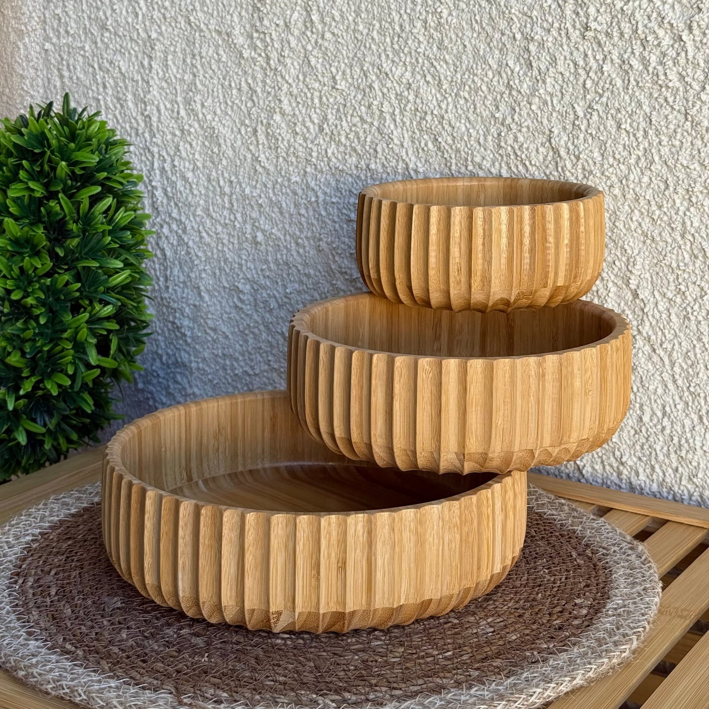 Barotti Bambu 3 Boy Çizgili Yuvarlak Kase 22 cm, 18 cm, 14 cm