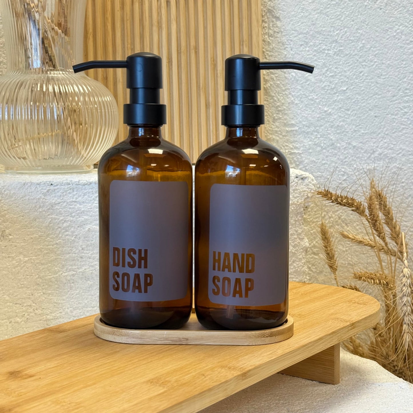 Amber Cam İkili Sıvı Sabunluk Seti Bambu Standlı (Süper Fiyat)