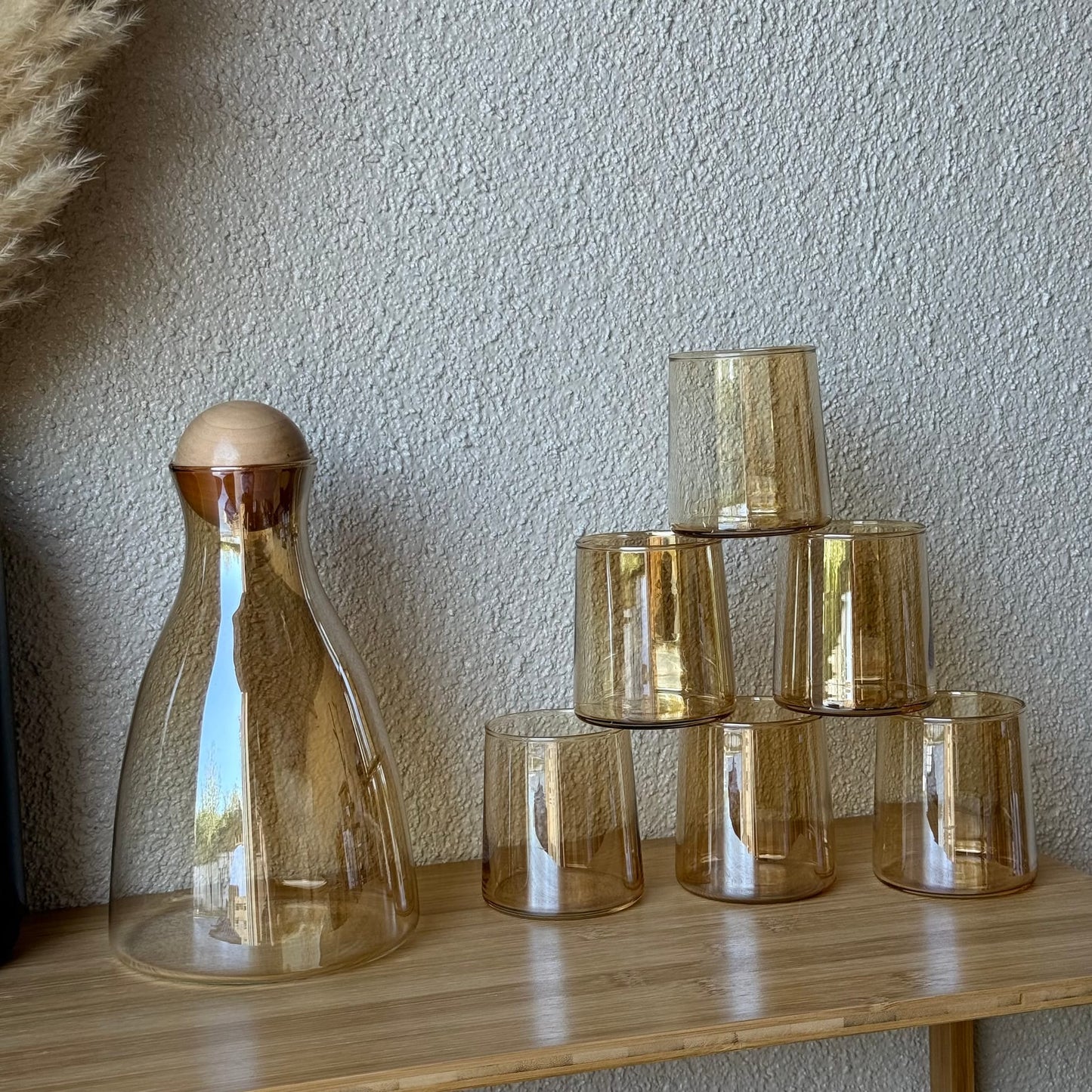 Delisoga Bambu Kapaklı Cam Sürahi Set Gold 7 Parça (SÜPER FİYAT)