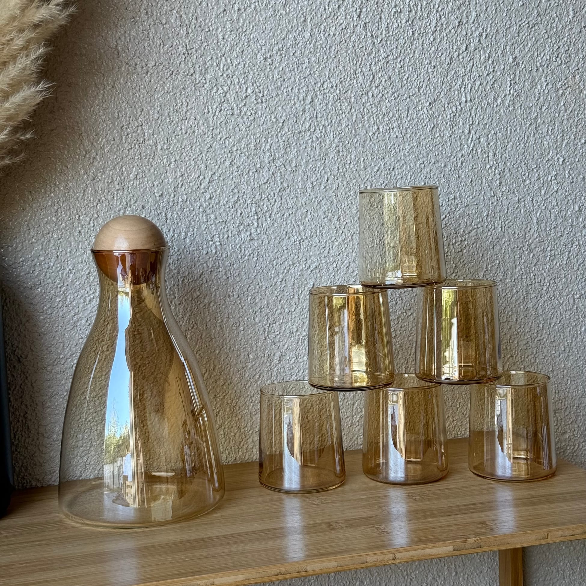 Delisoga Bambu Kapaklı Cam Sürahi Set Gold 7 Parça (SÜPER FİYAT)