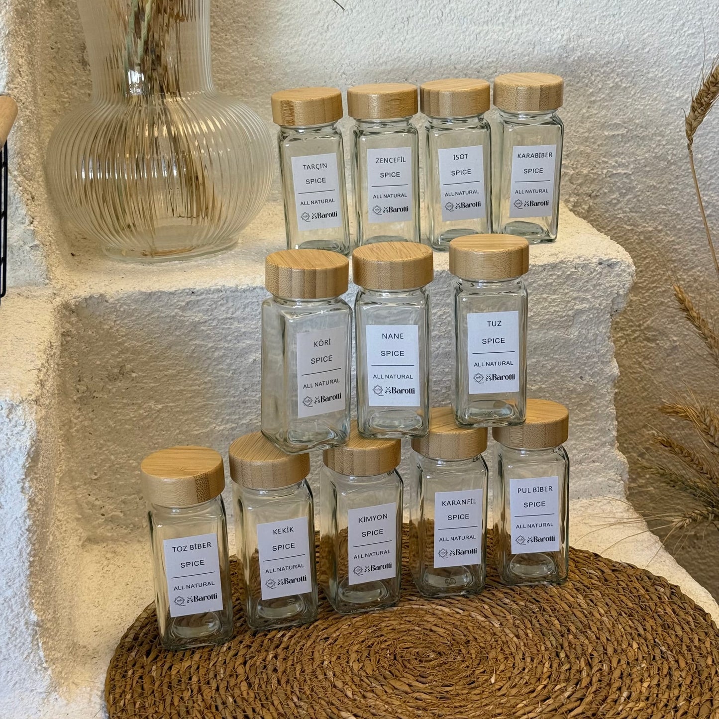 Barotti 12 Adet Bambu Kapaklı Kare Baharatlık Seti Beyaz (SÜPER FİYAT)