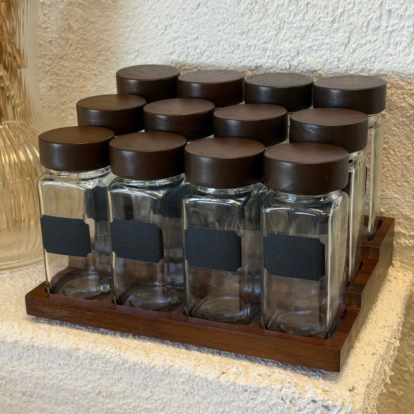 Spice Ahşap Standlı 12 li Cam Baharatlık Seti 120 ml