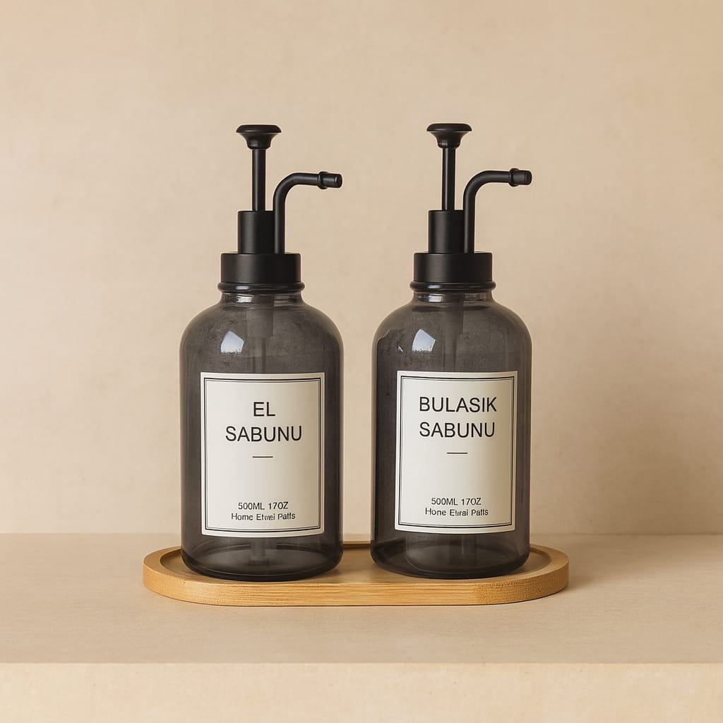 Selena Bambu Standlı İkili Cam Yuvarlak Sıvı Sabunluk Seti Füme 500 ml