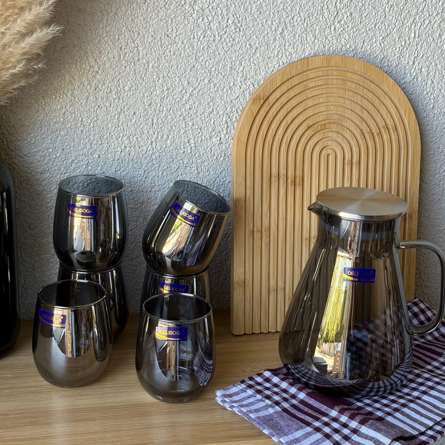 Delisoga Moder Cam Sürahi Set 7 Parça Gri (SÜPER FİYAT)