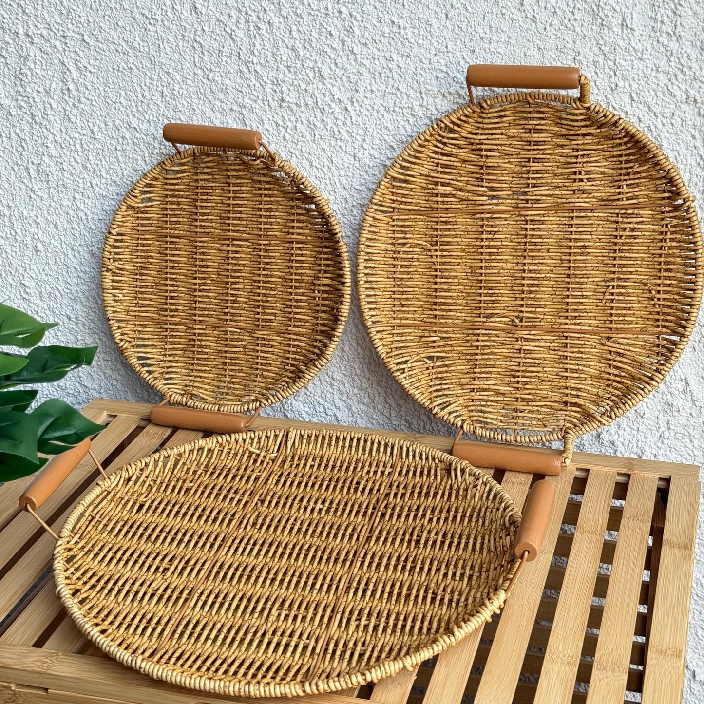 Rios Rattan Kulplu 3 Boy Yuvarlak Tepsi Seti Naturel