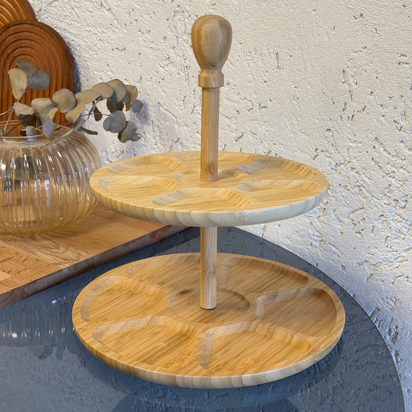 Selena 2 Katlı Yuvarlak Bölmeli Bambu Sunumluk 33 CM