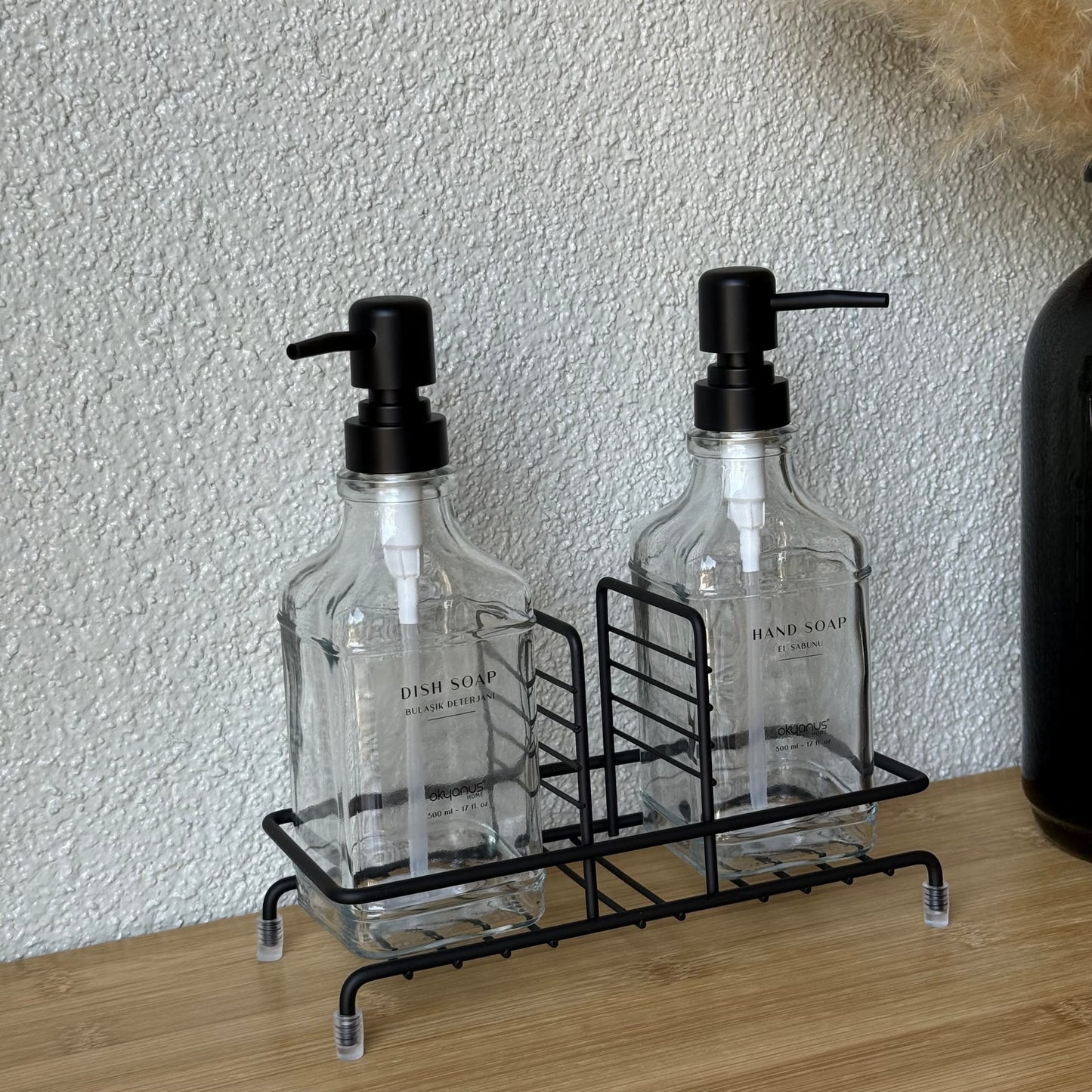 Okyanus Metal Standlı Cam Kare Sıvı Sabunluk Seti Siyah