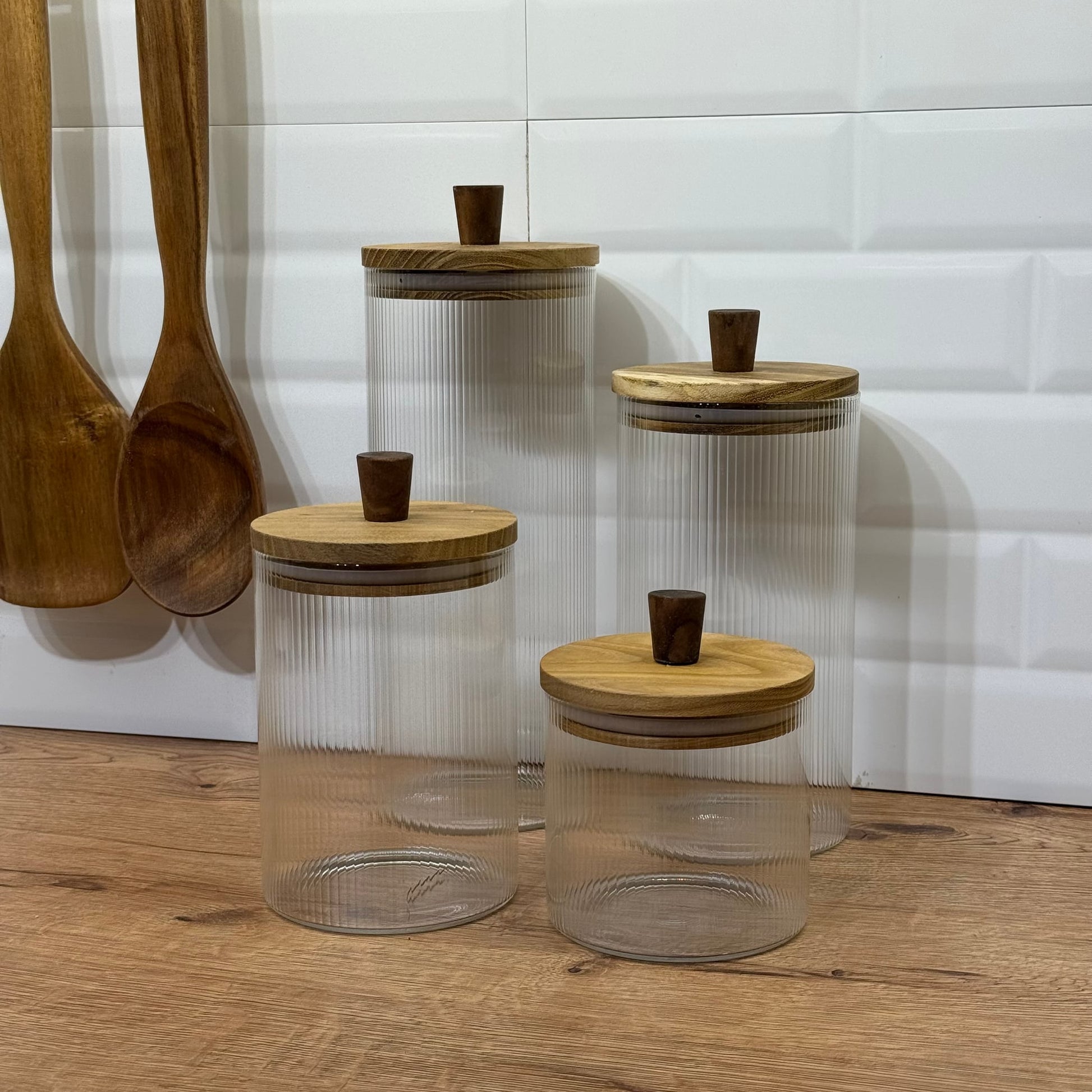 Regina 4 Lü Çizgili Kavanoz Seti Akasya Ağacı Kapaklı