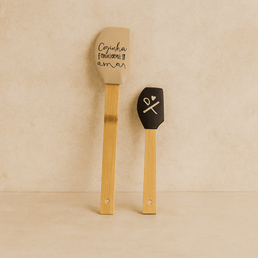 Medusa İki Boy Bambu Saplı Silikon Spatula Seti 27 cm ,18 cm Krem-Siyah