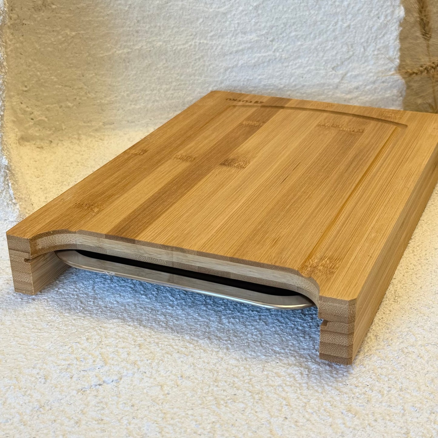 Bambu Kesim Tahtası Çelik Tepsi Hazneli 33x21 cm Premium Ürün