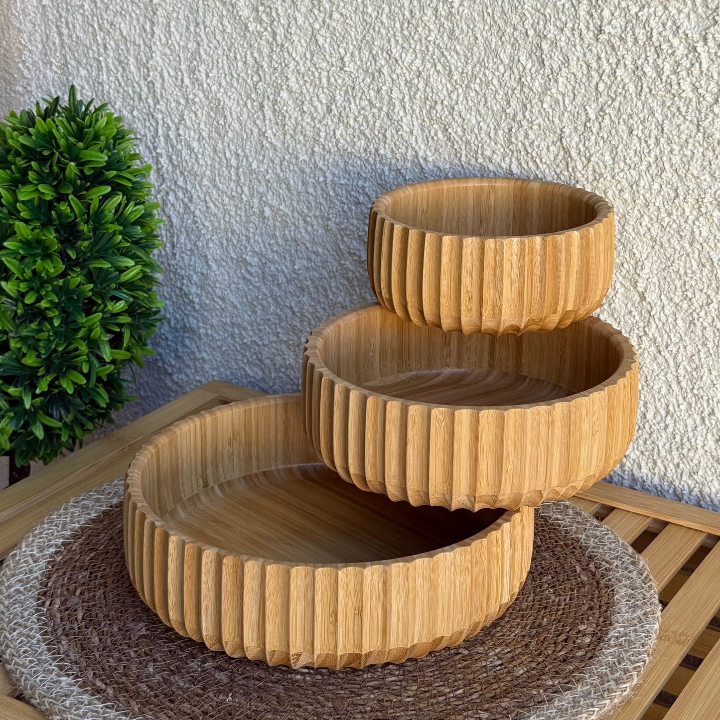 Barotti Bambu 3 Boy Çizgili Yuvarlak Kase 22 cm, 18 cm, 14 cm