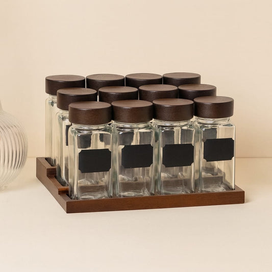 Spice Ahşap Standlı 12 li Cam Baharatlık Seti 120 ml