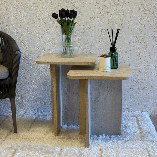 Lary Pinterest Model, Traverten Desen, İki Boy Kare Sehpa (Süper Fiyat)