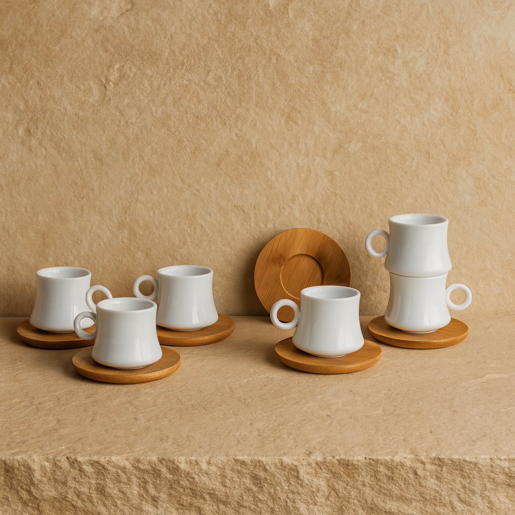 KRD Bambu Altlık Porselen Kahve Fincan Takımı Seti 6 Kişilik