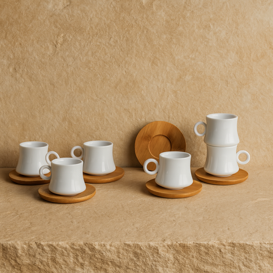 KRD Bambu Altlık Porselen Kahve Fincan Takımı Seti 6 Kişilik