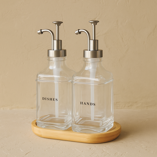 Arow Gael Model Kare Bambu Oval Standlı İkili Cam Sıvı Sabunluk Seti Gri KOD:1015