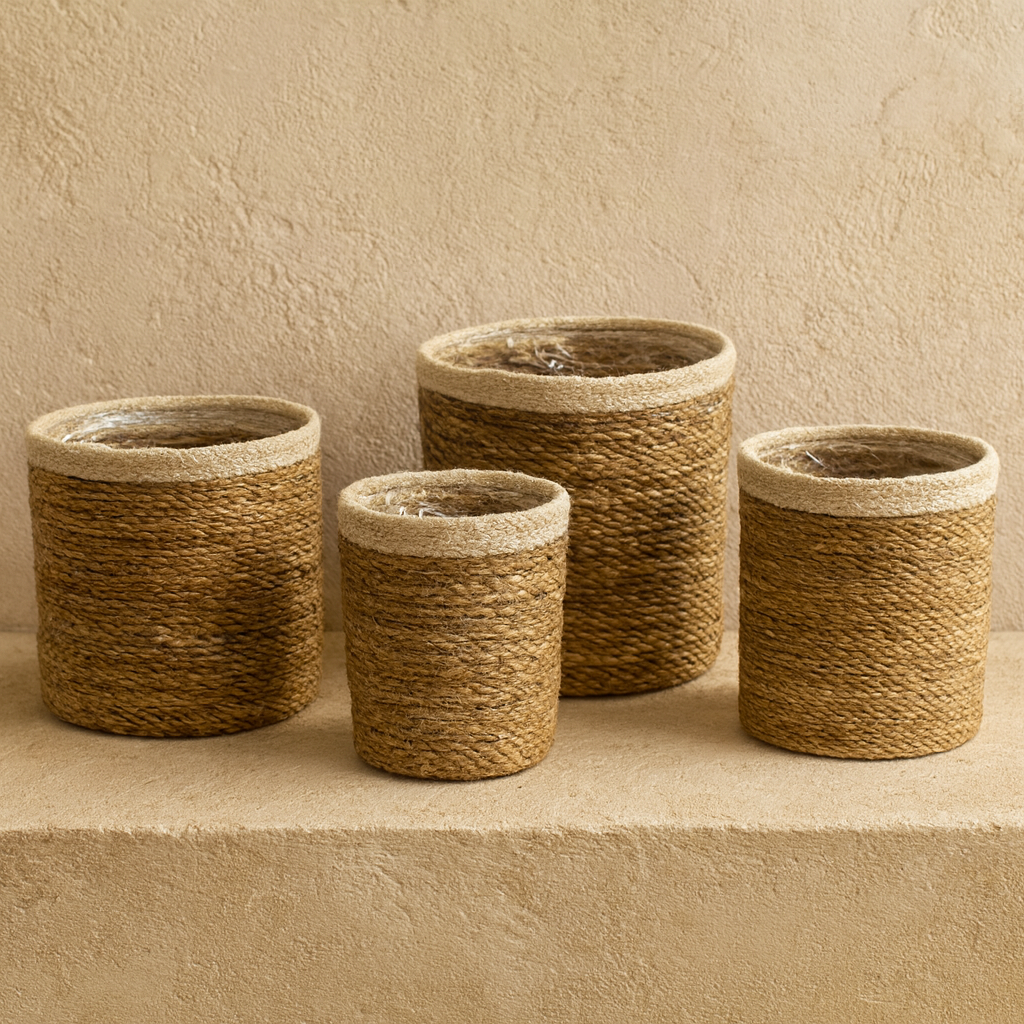 SVR Hasır Krem Çizgili 4 Boy Saksı Sepet Seti