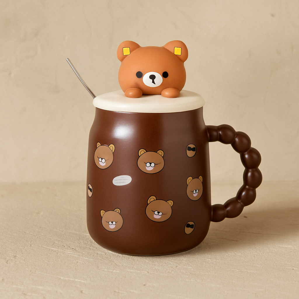 Tutku Bear Kapaklı Porselen Kupa Kahve Rengi