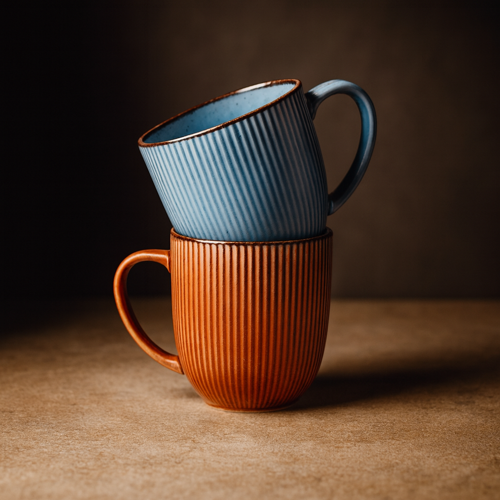 Popline Porselen İkili Nescafe Kupa Seti Mavi-Kiremit