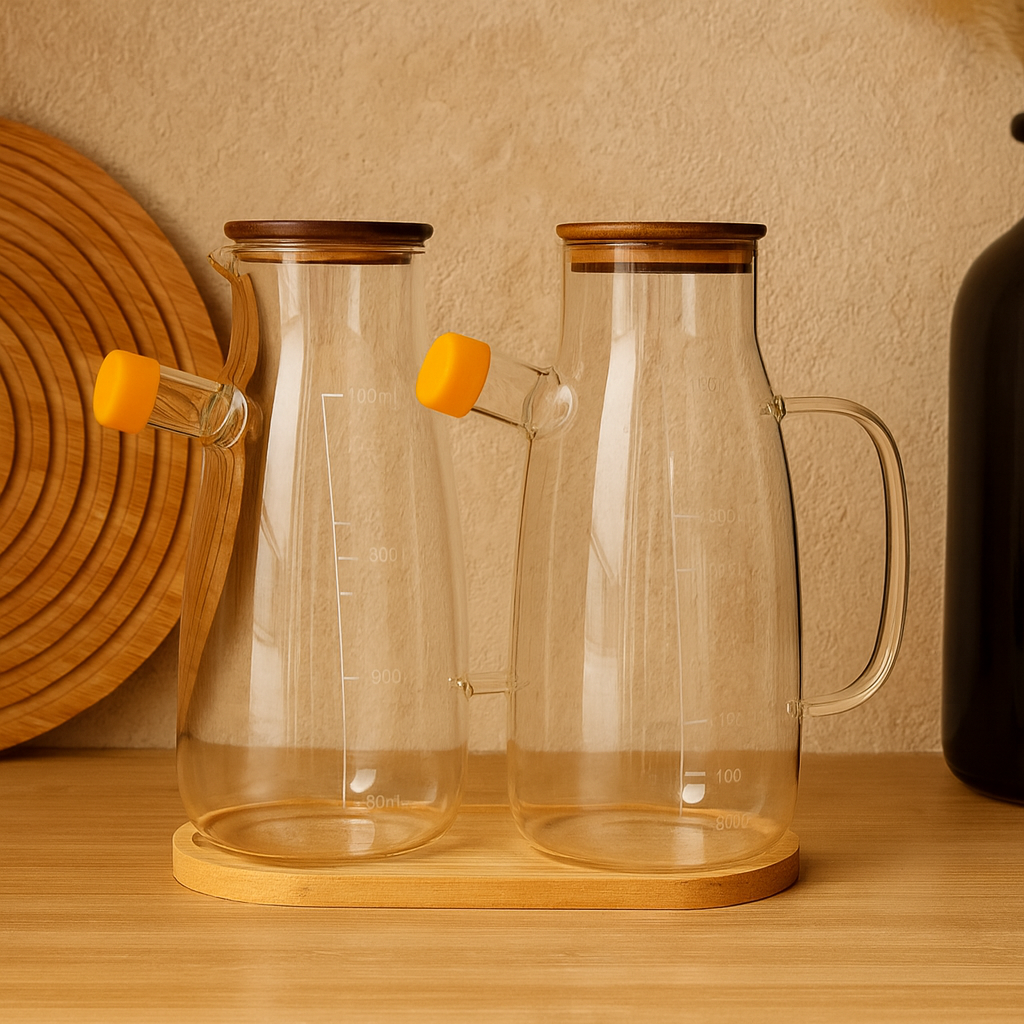 Sahana Bambu Standlı Borosilikat İkili Yağdanlık Seti 1 Litre