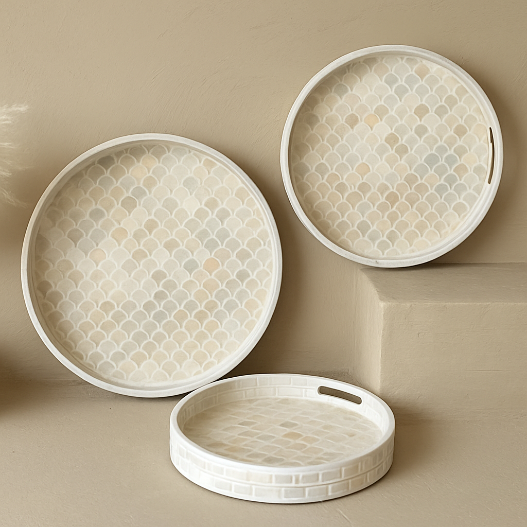 SVR Sedef 3 Lü Yuvarlak Tepsi Seti KOD:61874  Krem