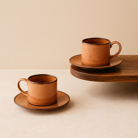 Porline İkili Porselen Kahve Fincan Seti Kiremit