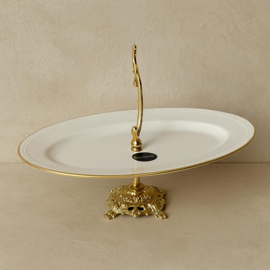 Firuze Gold Yaldızlı Porselen Oval Kayık Sunumluk Ayaklı Kod:3801 30x22 cm