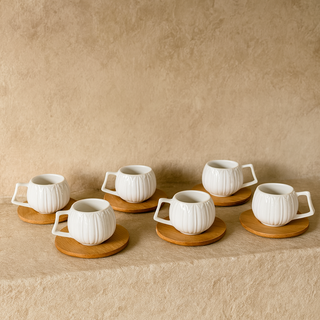 KRD Bambu Altlık Porselen Kahve Fincan Takımı Seti Tombul Model 6 Kişilik