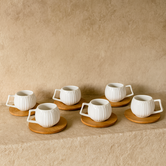 KRD Bambu Altlık Porselen Kahve Fincan Takımı Seti Tombul Model 6 Kişilik