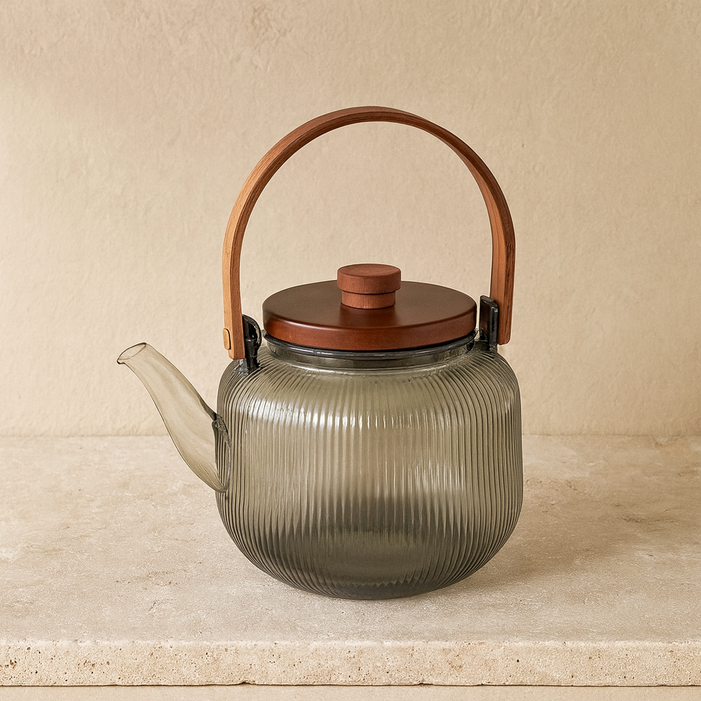 Buenos Borosilikat Cam Çizgili Model Akasya Ağacı Kapaklı Demlik KOD:16992-5