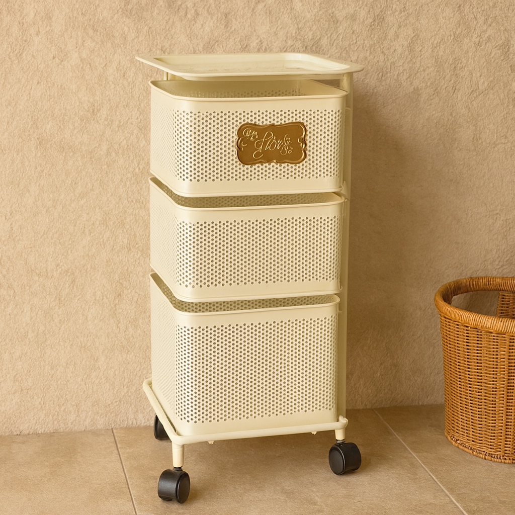 Evanev 3 Katlı Açılır Kapanır Tekerlikli Kare Ferforje Sebzelik Krem KOD:1058K