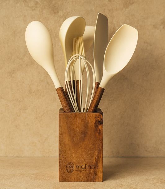 Molino Akasya Ağacı Standlı Silikon Mutfak Seti 8 Parça Krem