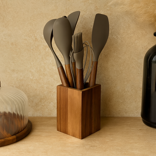 Molino Akasya Ağacı Standlı Silikon Mutfak Seti 8 Parça Bej