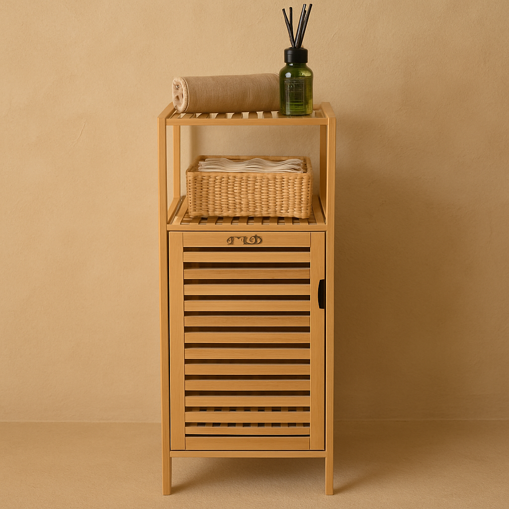 Miev Bambu Kapaklı 2 Katlı Raf Banyo Dolabı 85x30x35 cm (KOD:10302)