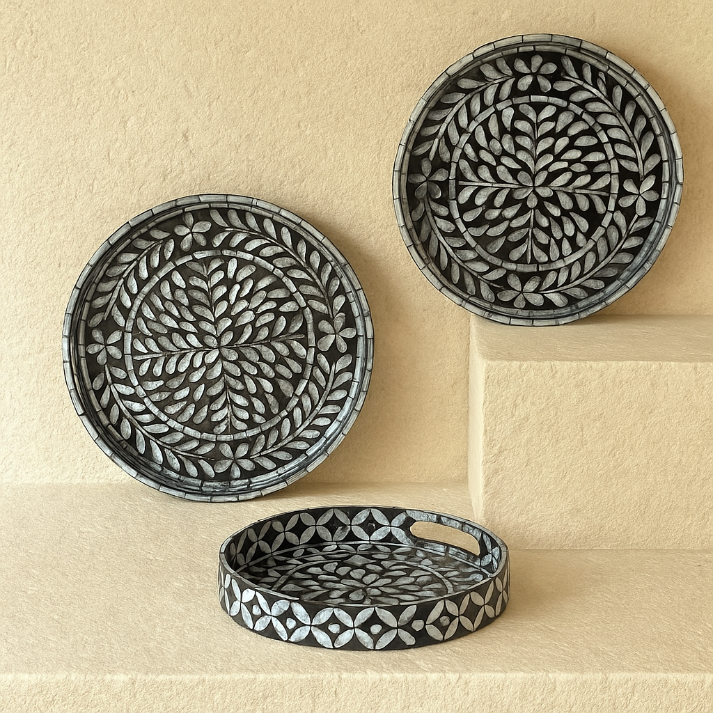 SVR Sedef 3 Lü Yuvarlak Tepsi Seti KOD:61874 Siyah