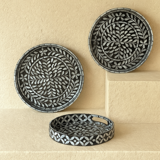 SVR Sedef 3 Lü Yuvarlak Tepsi Seti KOD:61874 Siyah