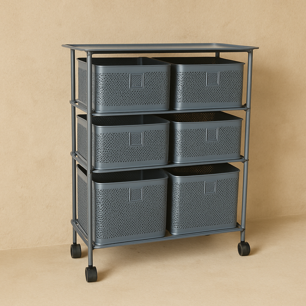 Evanev 3 Katlı Açılır Kapanır 6 Çekmeçeli Tekerlekli Kare Ferforje Sebzelik Gri KOD:1059T