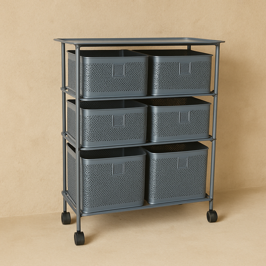 Evanev 3 Katlı Açılır Kapanır 6 Çekmeçeli Tekerlekli Kare Ferforje Sebzelik Gri KOD:1059T