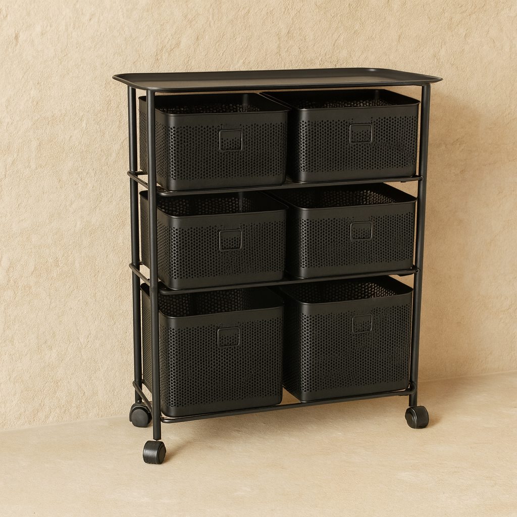 Evanev 3 Katlı Açılır Kapanır 6 Çekmeçeli Tekerlekli Kare Ferforje Sebzelik Siyah KOD:1059T