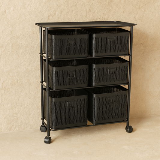 Evanev 3 Katlı Açılır Kapanır 6 Çekmeçeli Tekerlekli Kare Ferforje Sebzelik Siyah KOD:1059T